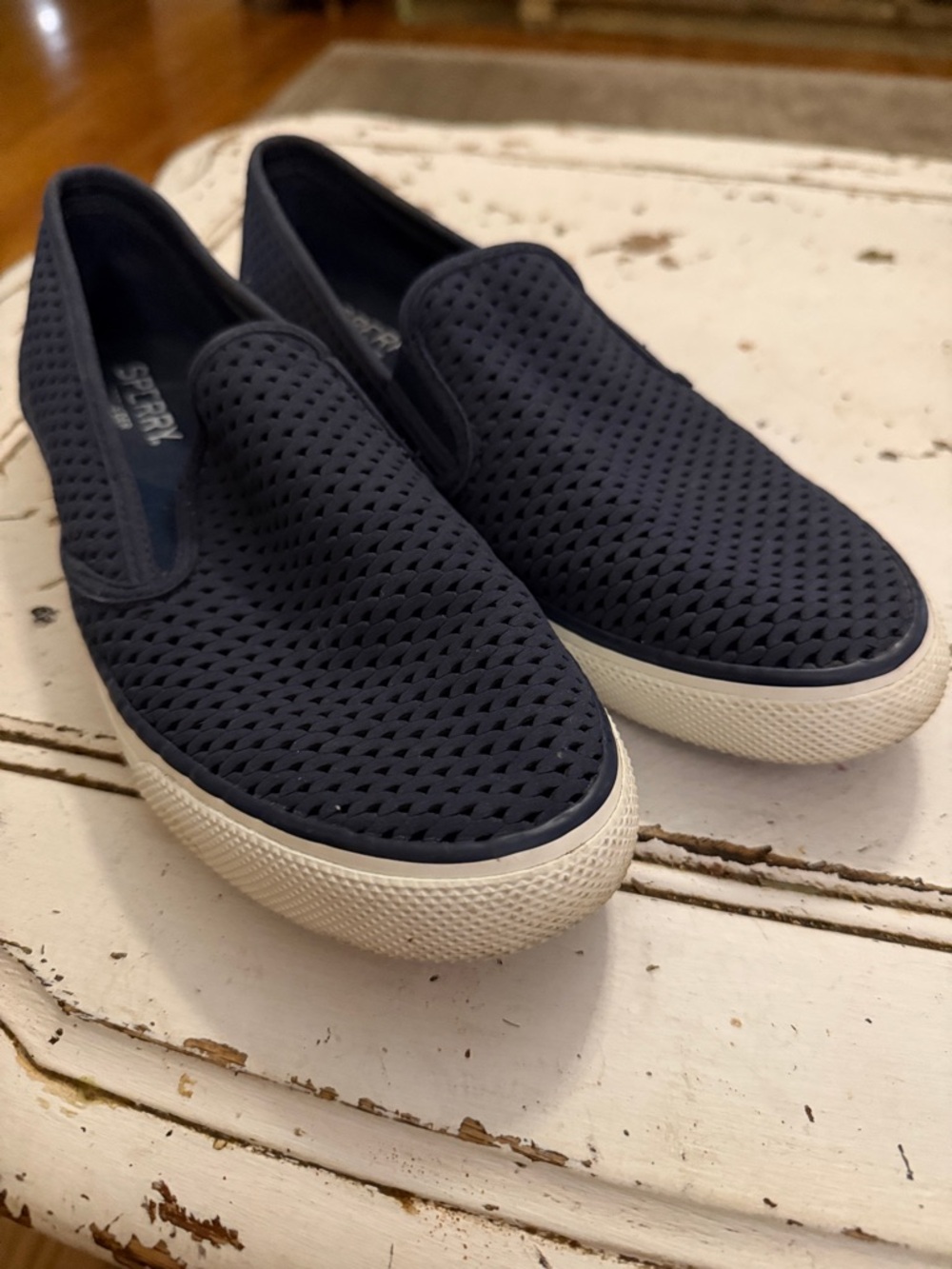 Sperry Navy Slip-On Perforated Mesh Loafers with White Sole